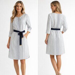 Ann Taylor | Long Sleeve Striped Shirt Dress with Navy Belt | Womens | SZ 8